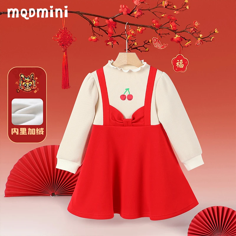MQDMINI女童加绒圣诞裙子红色拜年服