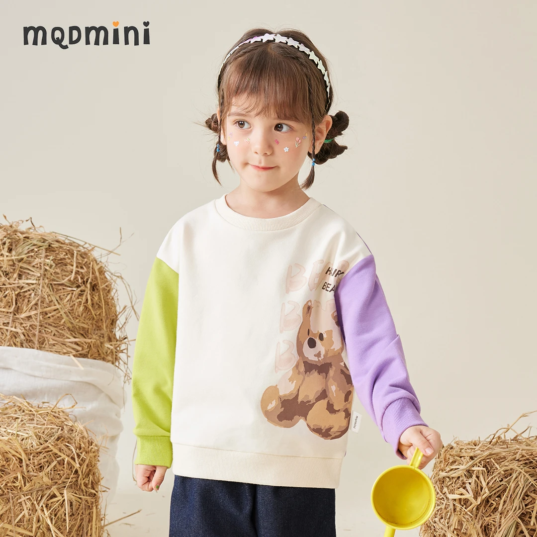MQD女童卫衣秋季中小童撞色AB袖清新宽松圆领上衣583320602