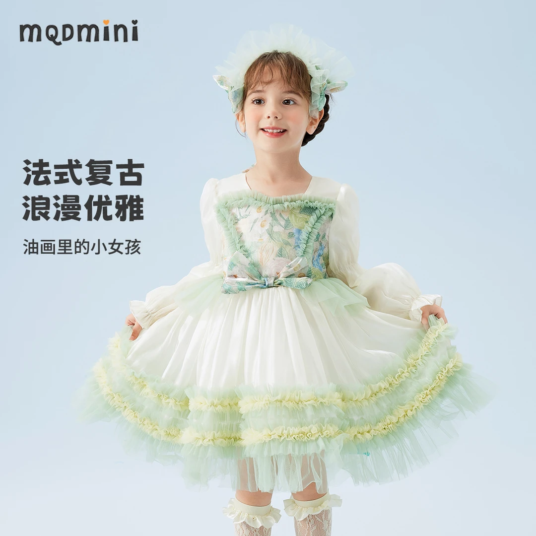 MQDMINI法式蓬蓬裙秋款女宝甜美公主裙儿童长袖优雅洋气蕾丝裙