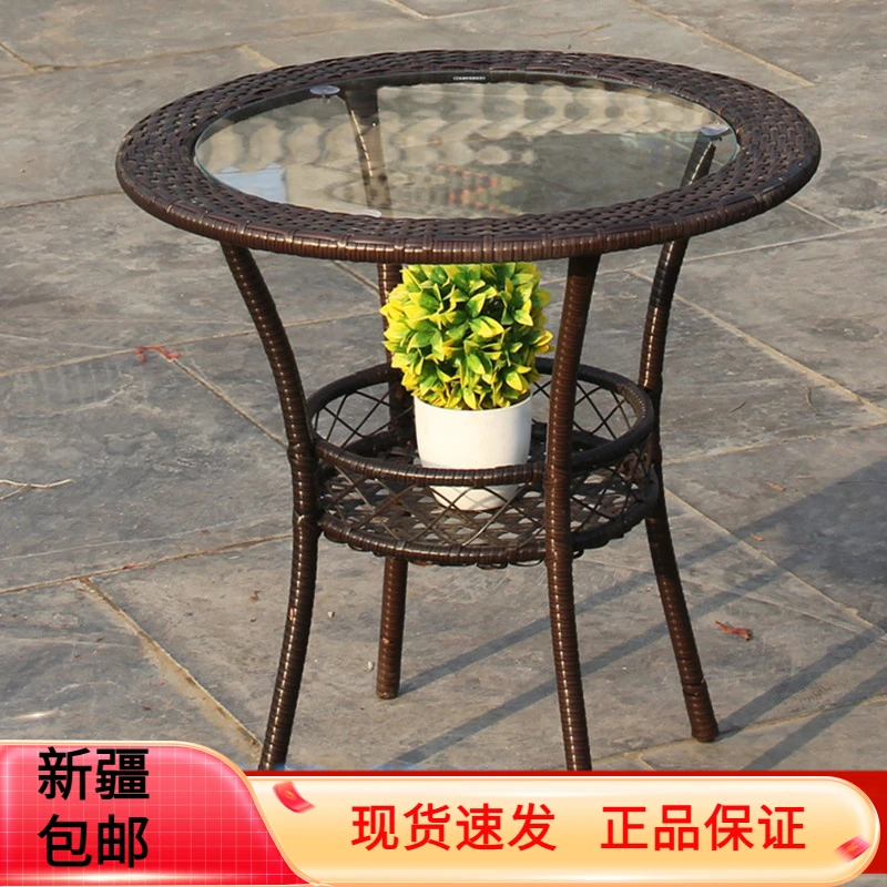 新疆包邮小圆桌迷你简约现代阳台储物藤编钢化玻璃茶几圆形小茶几