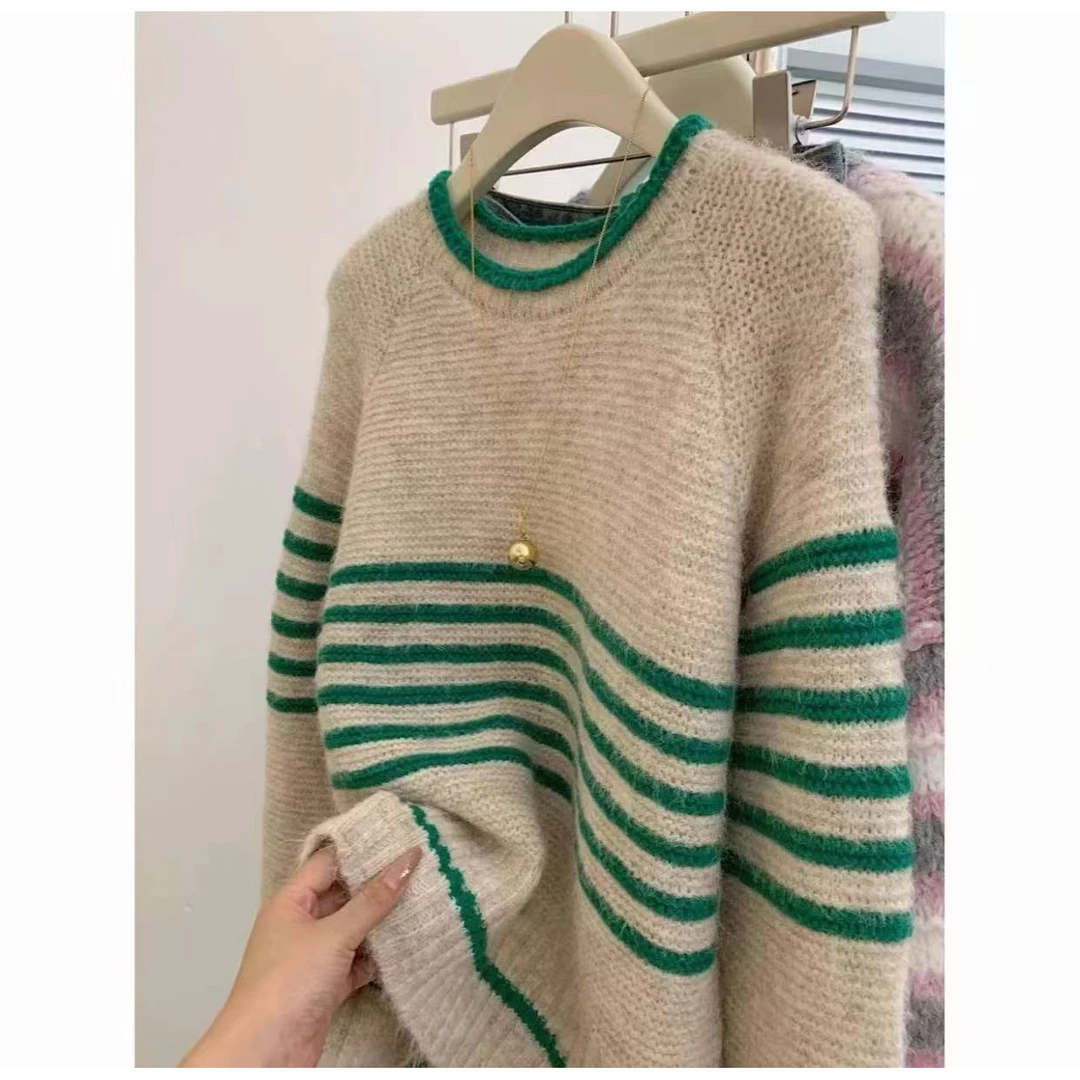 条纹圆领软糯套头外穿毛衣卫衣女士小个 子宽松慵懒风高级感