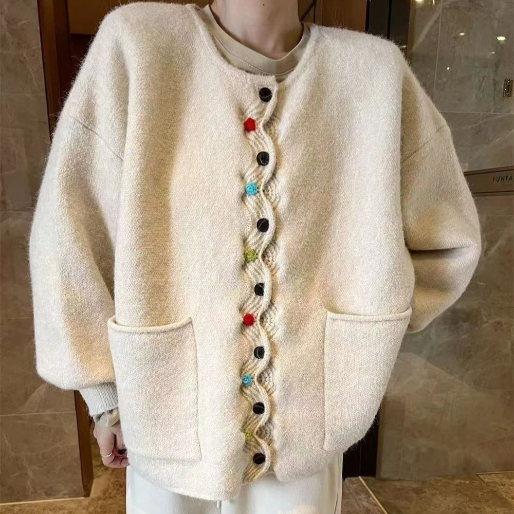 新中式重工波浪边彩色纽扣针织2024新款古着vintage毛衣开衫外套