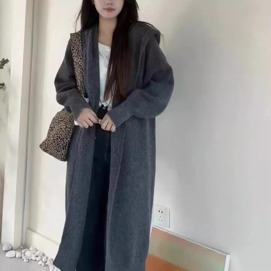 【正版原版】春秋新款针织开衫女中长款大码毛衣外套宽松连帽大衣2