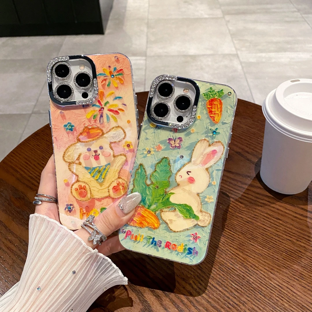 【适用苹果】iPhone15/14Pm防摔大孔点钻拔萝卜兔子玉桂狗女手机壳