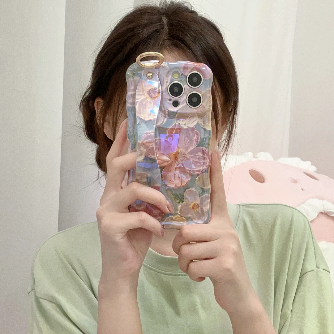 【适用苹果】iPhone15/14Promax防摔蓝光波浪边绿底花腕带女手机壳