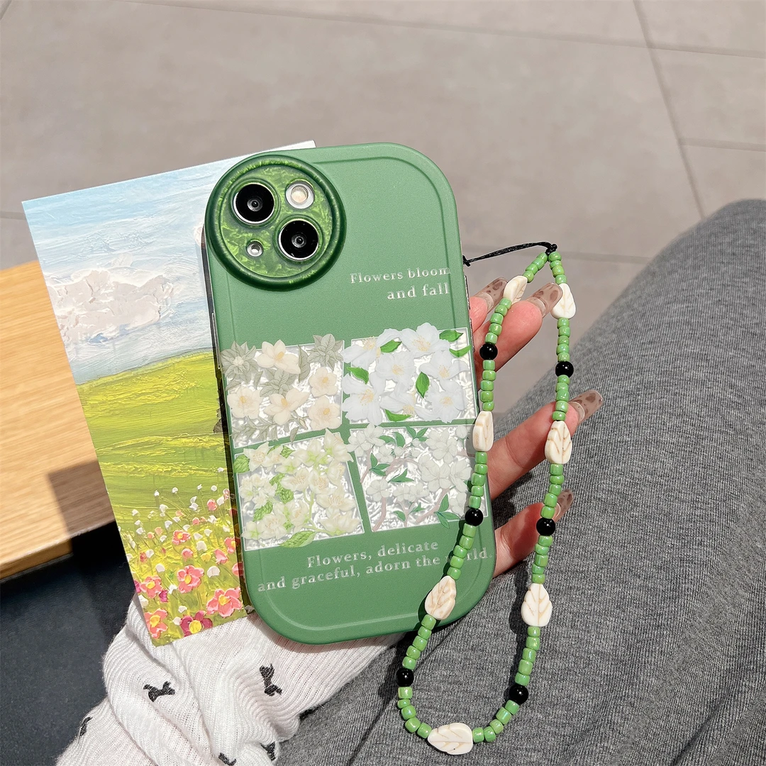 【适用苹果】iPhone16/15Promax防摔精孔绿底四格花卉手珠女手机壳