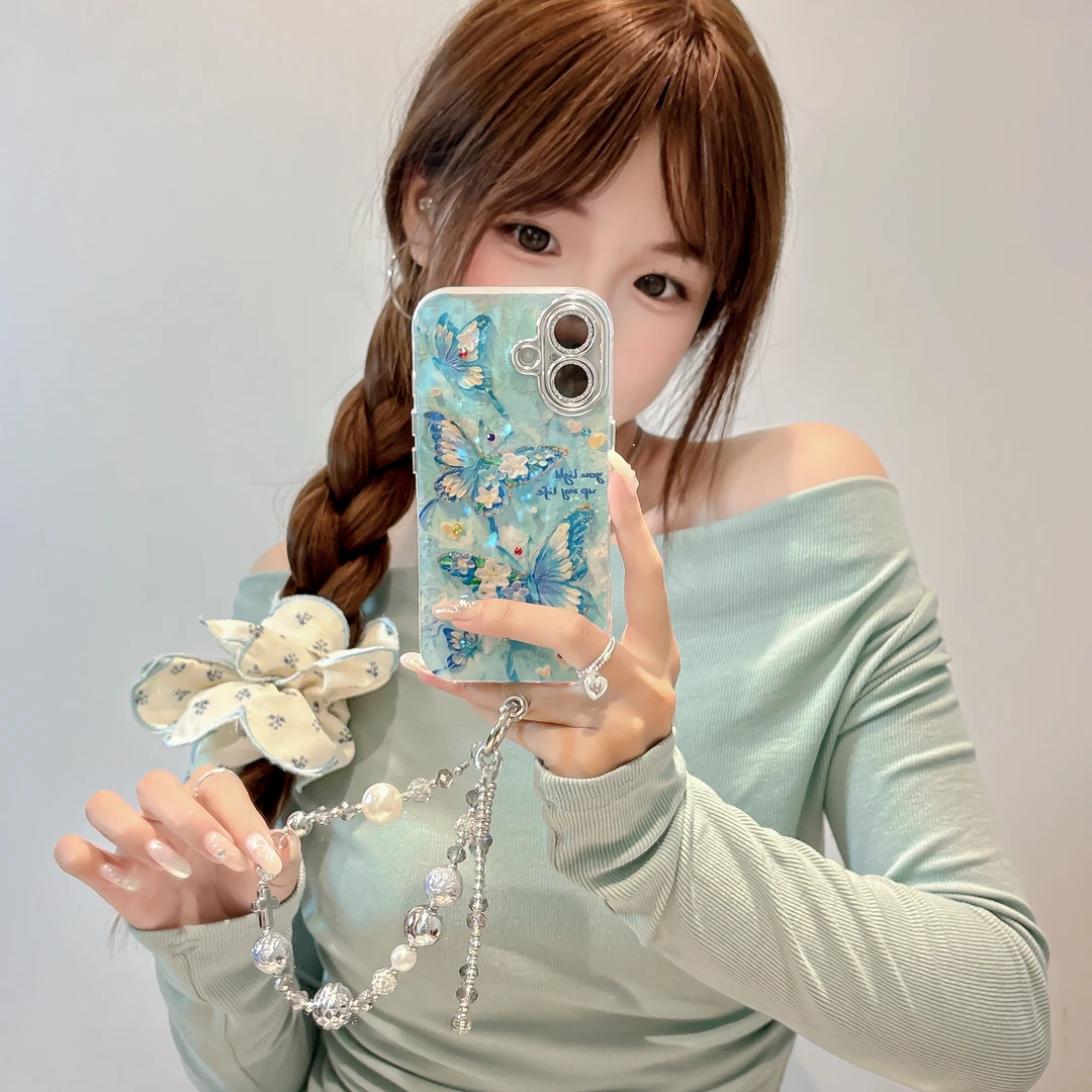 【适用苹果】iPhone16防摔闪粉镜头膜点钻油画三只蝴蝶手链女手机壳