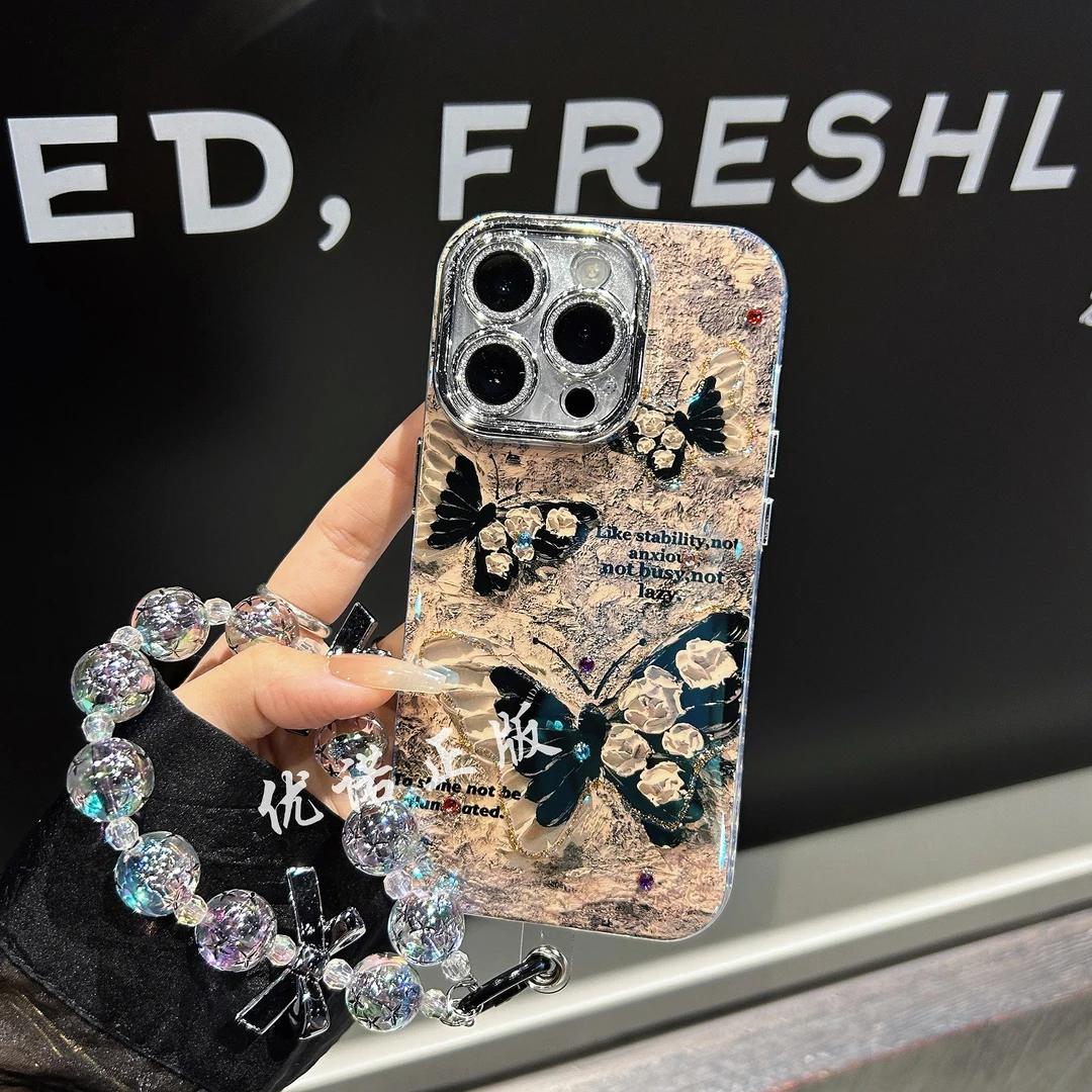【适用苹果】iPhone15/16防摔ins点钻全包黑白蝴蝶手链女新手机壳