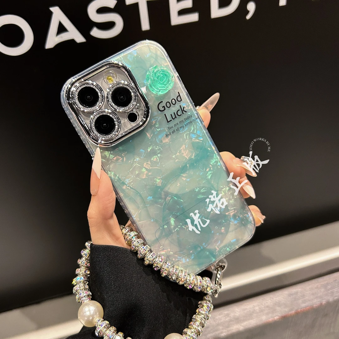 【适用苹果】iPhone15/14promax防摔ins晕染薄荷绿女手链新款手机壳