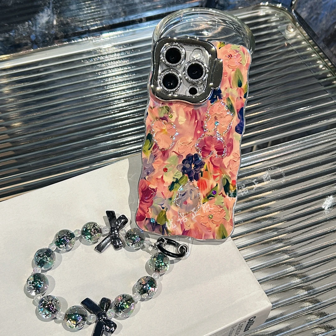【适用苹果/华为】iPhone16防摔全包镜头支架油画花朵手链女手机壳