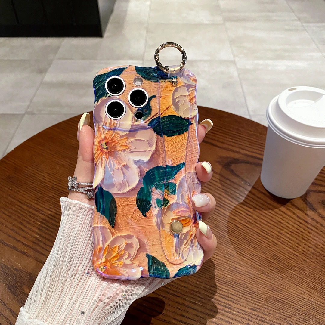 【适用苹果】iPhone15/14Promax防摔波浪边夏日花朵腕带女新手机壳