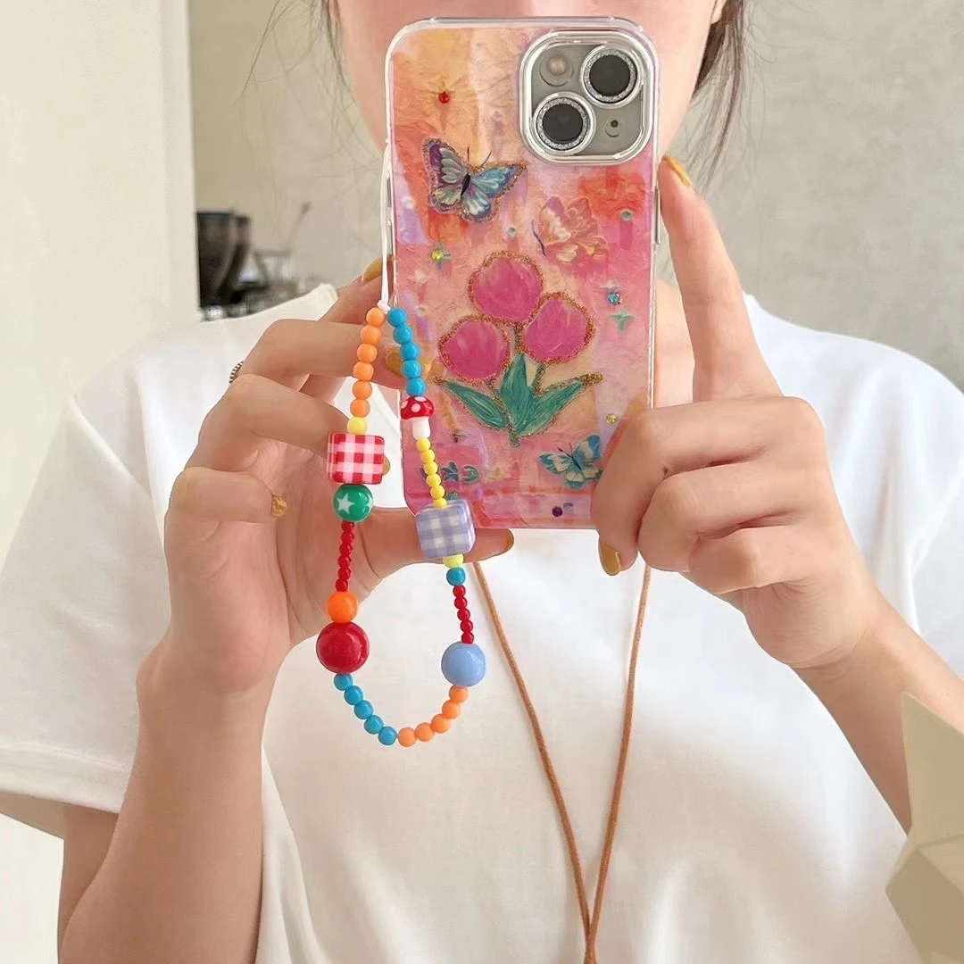 【适用苹果】iPhone15/14Promax防摔点钻蝴蝶郁金香女手链新手机壳