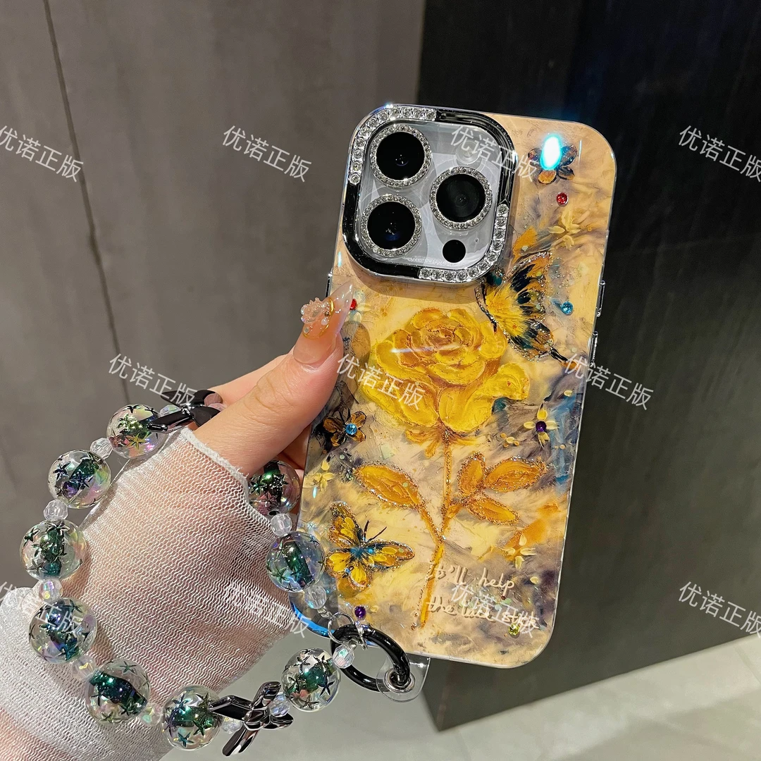 【适用苹果】iPhone16防摔闪钻黄玫瑰和平星竹叶蝴蝶手链女新手机壳