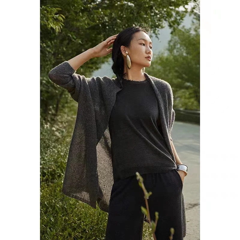 【随性慵懒范】气质百搭宽松显瘦一体领无扣中长款针织开衫