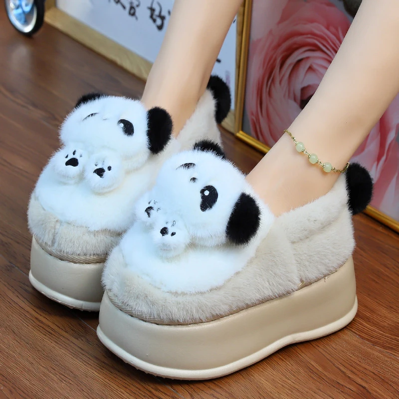 熊猫高帮厚底冬季保暖包跟棉拖鞋女踩屎感居家用毛毛棉鞋女可外穿