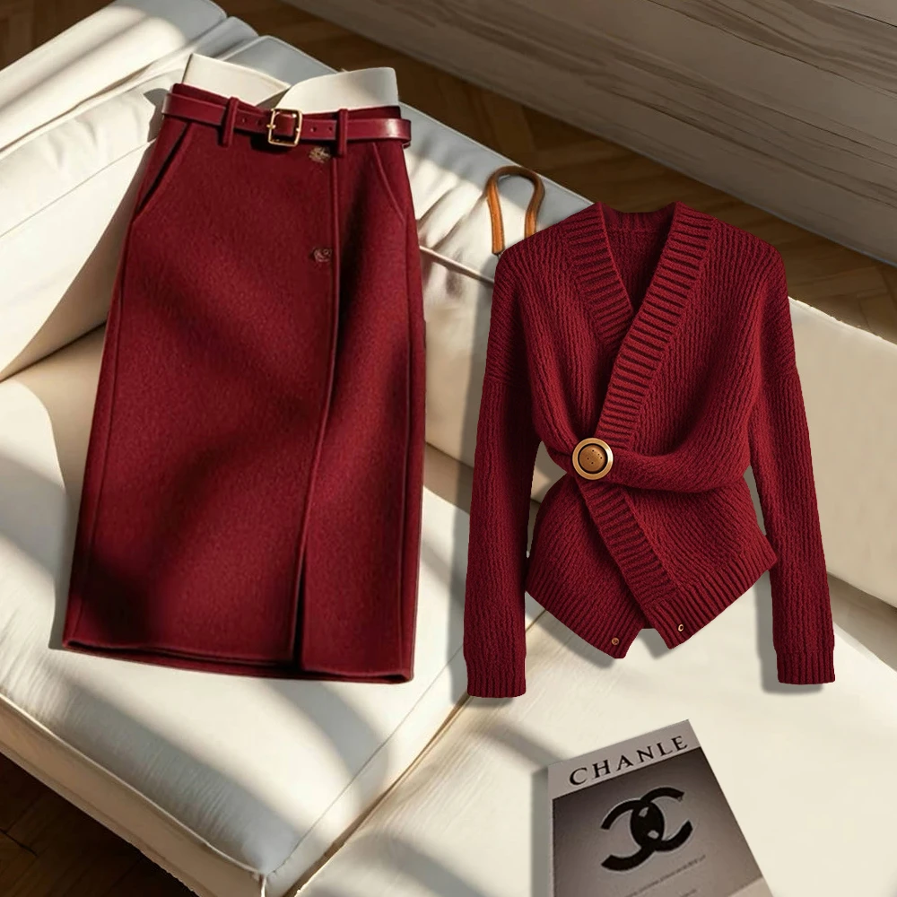 2025秋冬季洋气高端别致法式高级感气质针织上衣直筒中长半身裙女