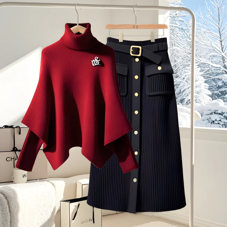 短裙裙子秋冬慵懒套装感安可拉红斗篷毛衣小个子高腰半身裙两件女