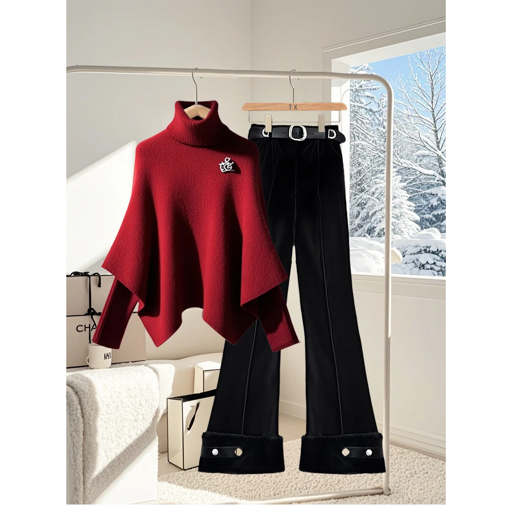 小众不撞款2024新款冬季时尚圣诞装红色毛衣高腰微喇阔腿裤套装女