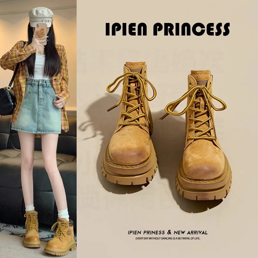 厚底增高马丁靴女春秋夏天新款户外工装靴小个子女款大黄短靴