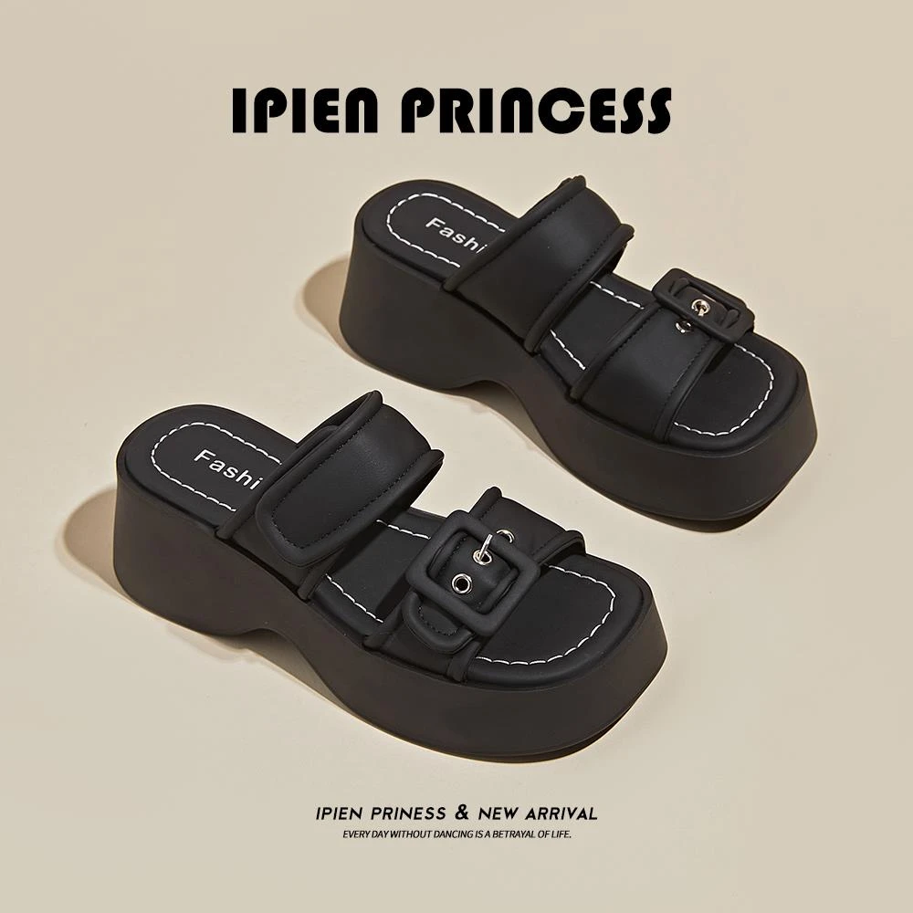 夏季外穿拖鞋女2025新款时尚百搭半托小个子厚底一字沙滩凉拖鞋潮