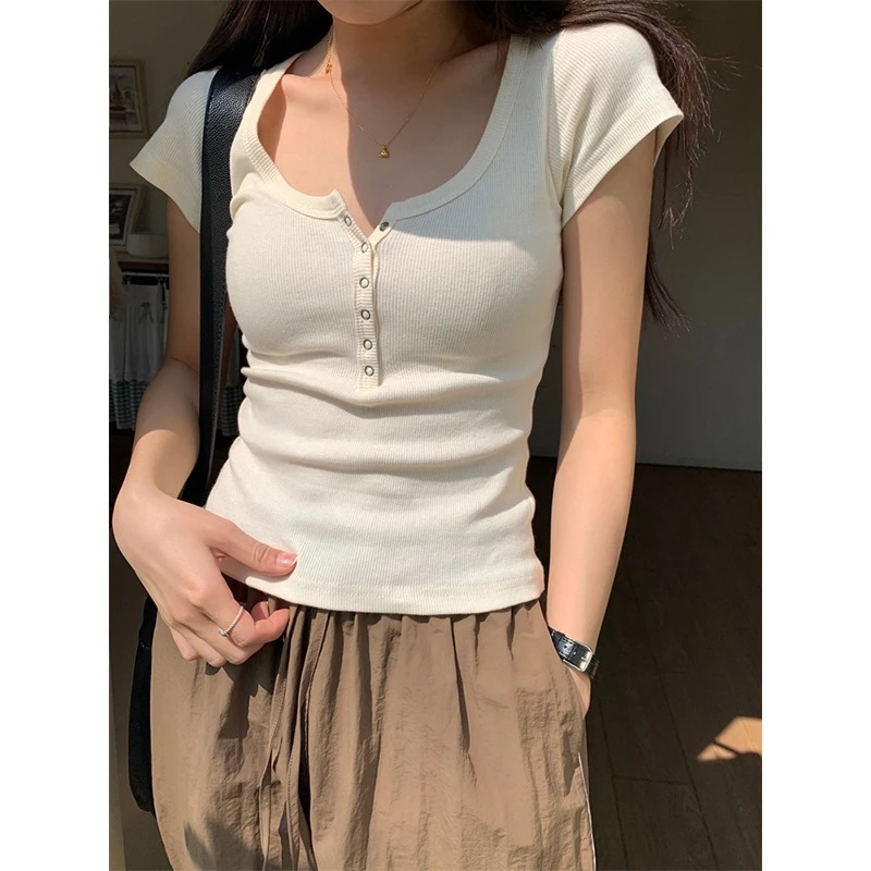 温柔风U领排扣正肩紧身短款螺纹短袖t恤女夏季小个子显瘦打底上衣
