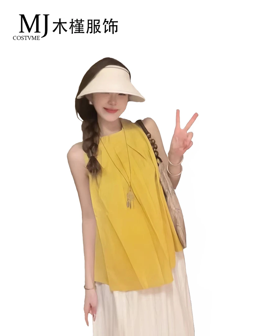 2024新款纯棉挂脖露肩无袖衬衫背心女小众纯色设计感宽松时尚