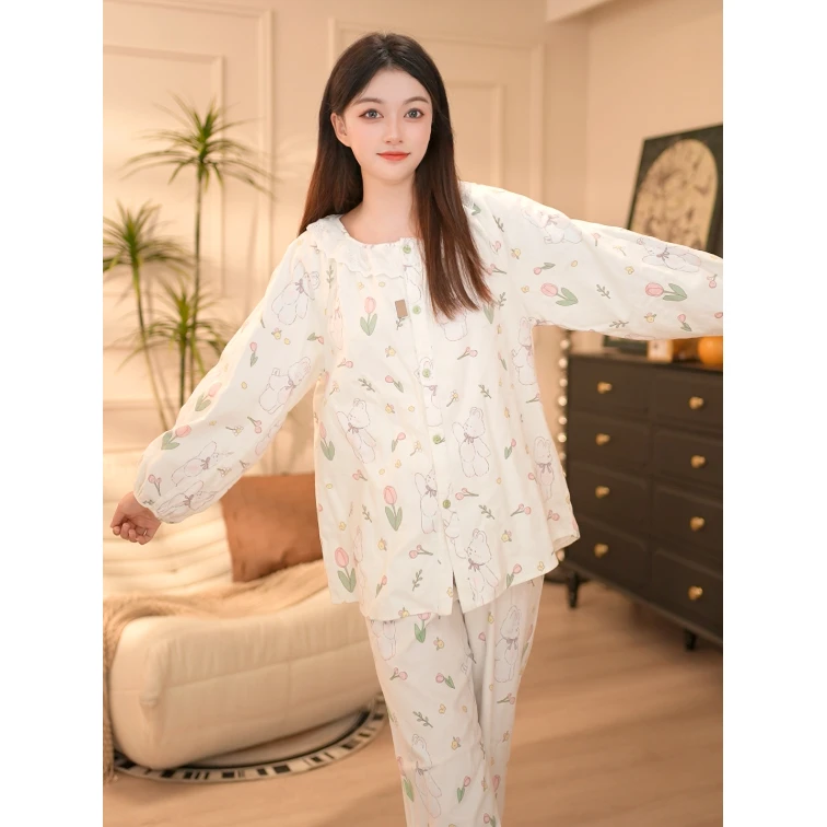 磨毛绒布纯棉秋冬天甜美春长袖睡衣家居服睡裤可外穿全棉宽松舒适