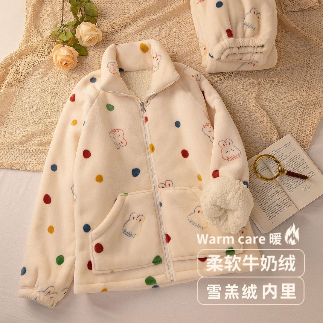【双层加厚】牛奶绒羊羔绒内里加绒睡衣女套装秋冬季拉链冬天家居服