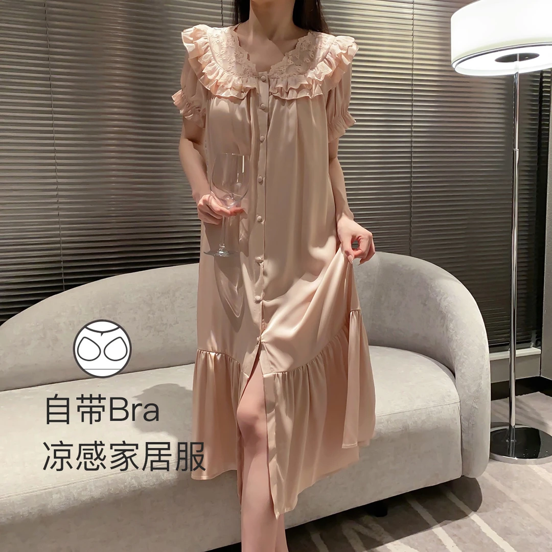 【带胸垫】法式蕾丝睡衣女冰丝长袖短袖夏季春秋季家居服薄款睡裙