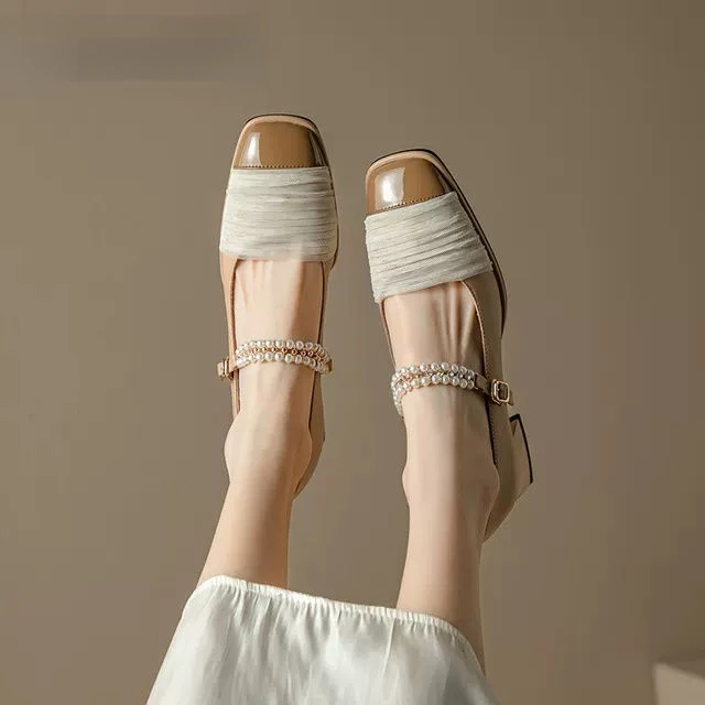 2025温柔珍珠女单鞋拼色丝带串珠仙女鞋中晚风玛丽珍鞋高跟鞋爆款