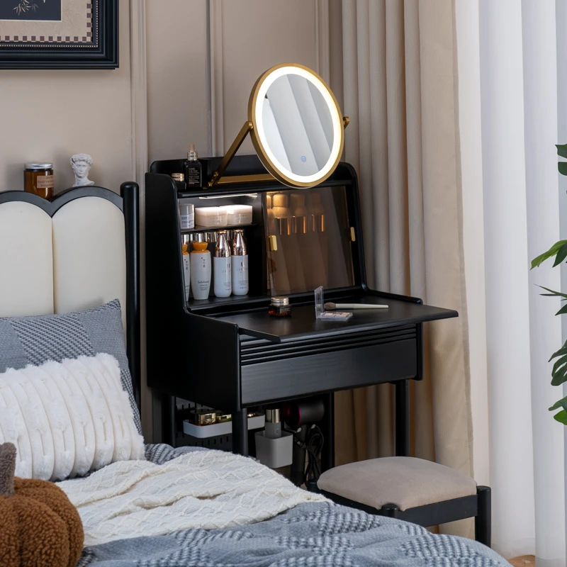 美式黑色梳妆台卧室实木高级化妆桌新款小户型床头法式复古化妆台