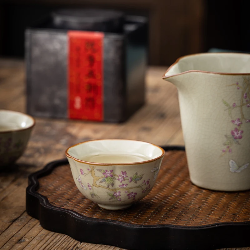 汝窑茶具中式家用陶瓷主人杯喝茶杯复古开片可养品茗茶具小茶杯