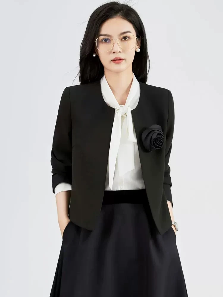 气质通勤玫瑰花无扣开衫晚装小外套短款小香风西装上衣女春秋薄款