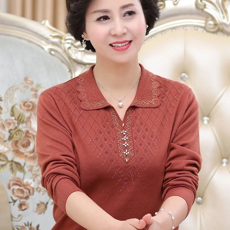 纯色妈妈装毛衣秋冬装t恤中老年人女翻领打底针织小衫洋气上衣服