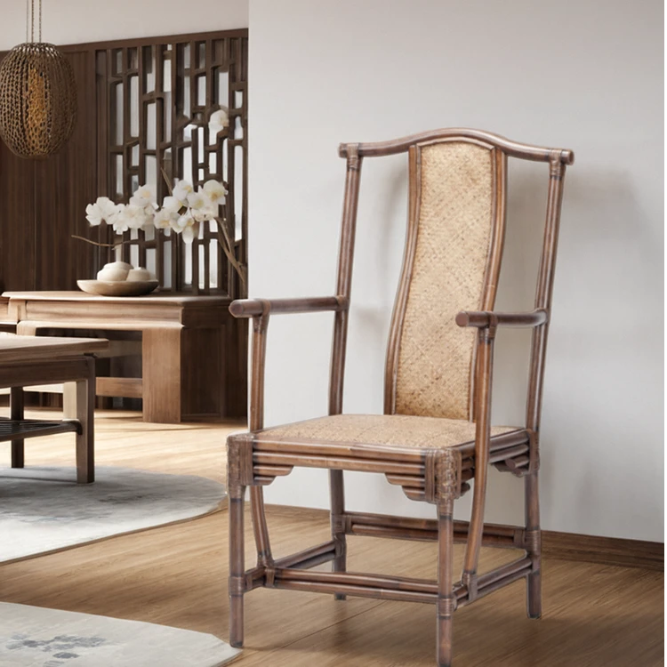 缘藤园印尼进口玛瑙藤手工编织太师椅中式简约官帽椅茶桌椅