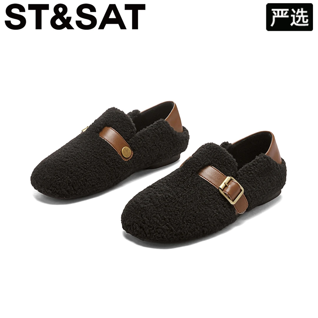 星期六小香风加绒豆豆鞋女2025冬季新款毛绒保暖软底一脚蹬勃肯鞋