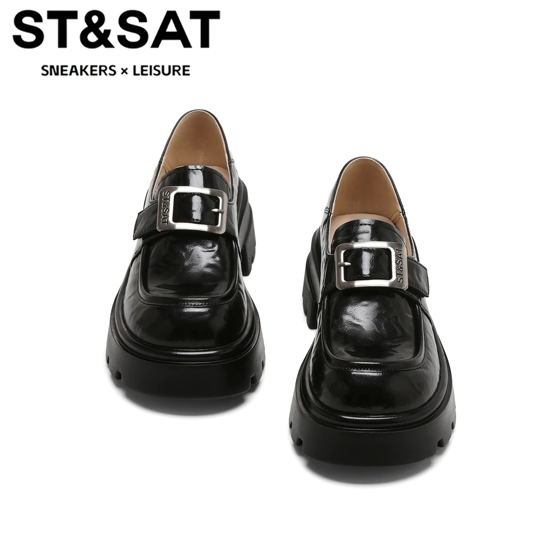 星期六增高厚底乐福鞋女鞋冬季新款英伦风小皮鞋女士粗跟真皮单鞋