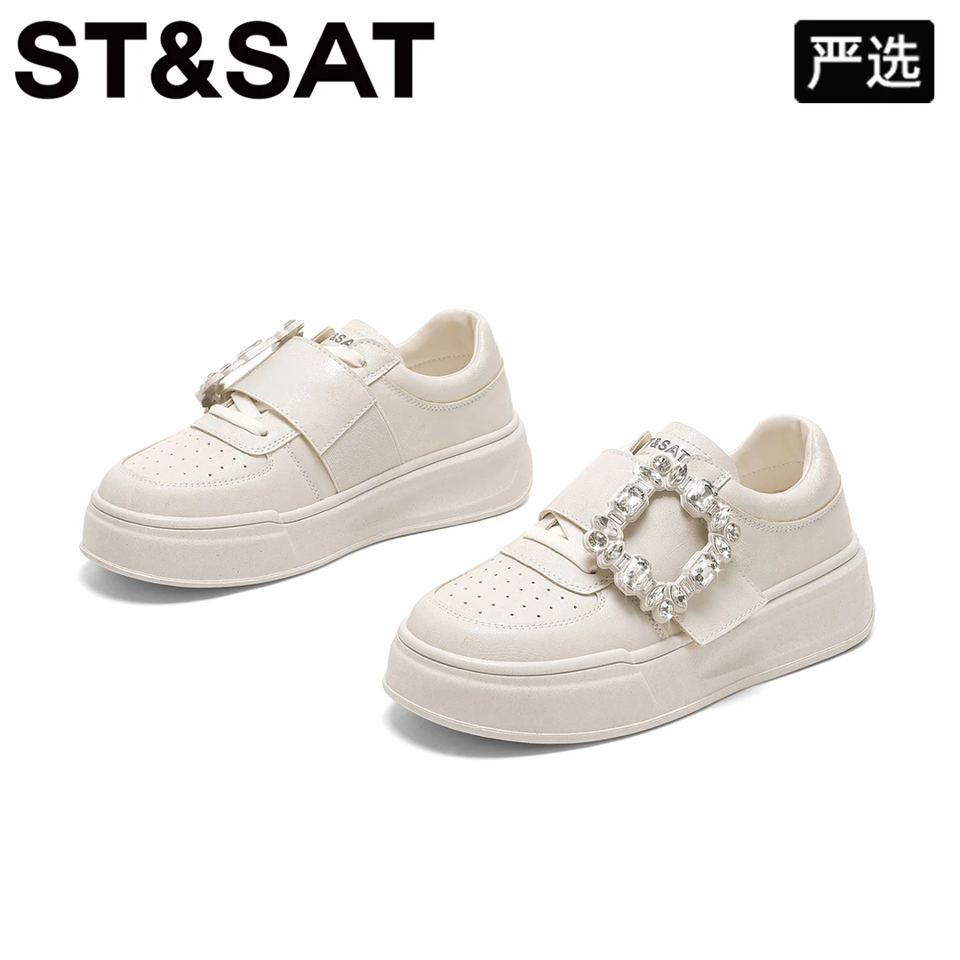 星期六时尚百搭真皮休闲鞋女冬季水钻方扣运动小白鞋新款厚底板鞋