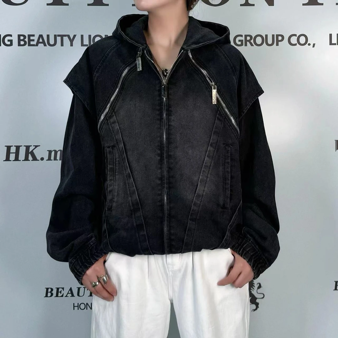 2024H·K美狮潮牌重工水洗假两件工装牛仔拼接百搭连帽夹克外套