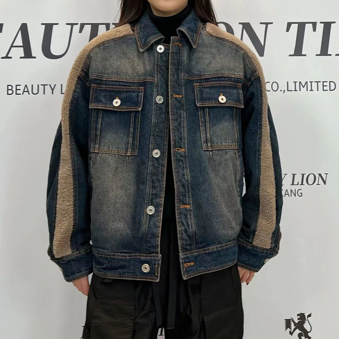 H·K美狮潮牌复古港风休闲百搭拼接宽松牛仔羽绒外套