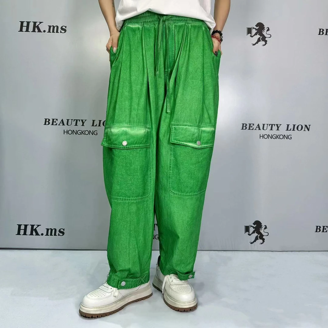 2024H·K美狮潮牌复古做旧宽松阔腿收脚工装吊染休闲裤