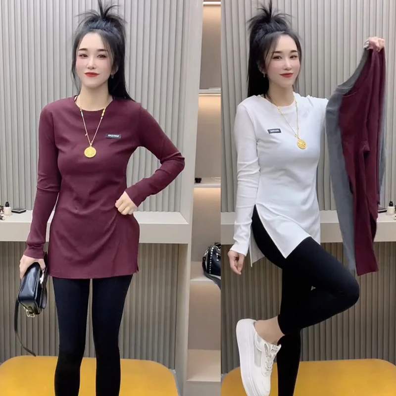 网红爆款时尚减龄修身显瘦T恤女气质百搭休闲百搭圆领纯色上衣女