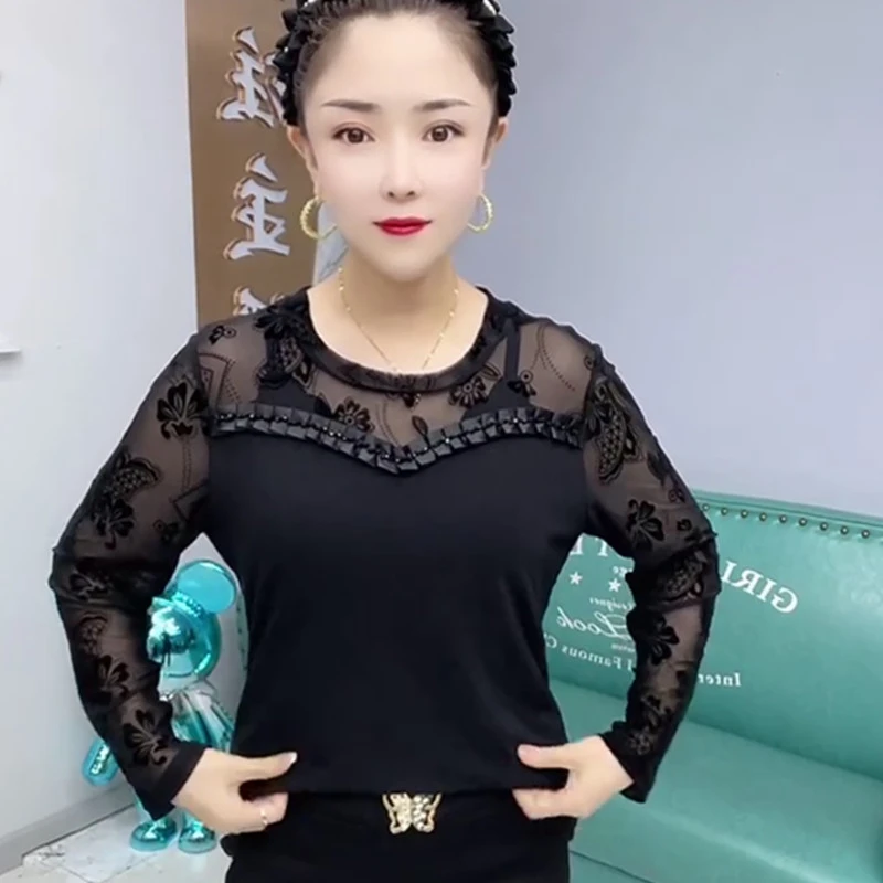秋季新款网红爆款网纱拼接打底衫女时尚减龄气质高档圆领内搭上衣
