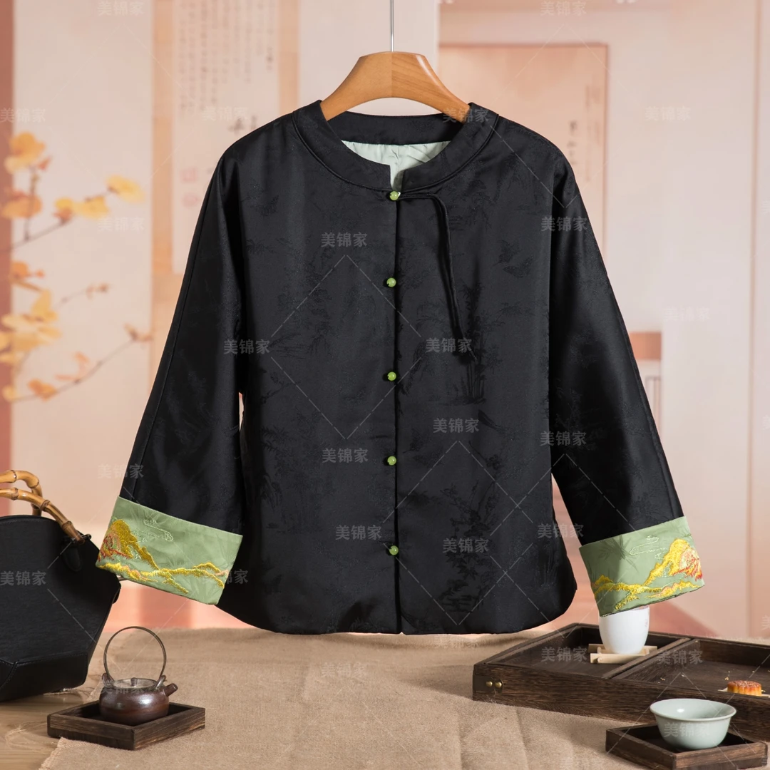 1067号【美锦家】新中式国风女款冬季黑色提花刺绣国风棉服242029