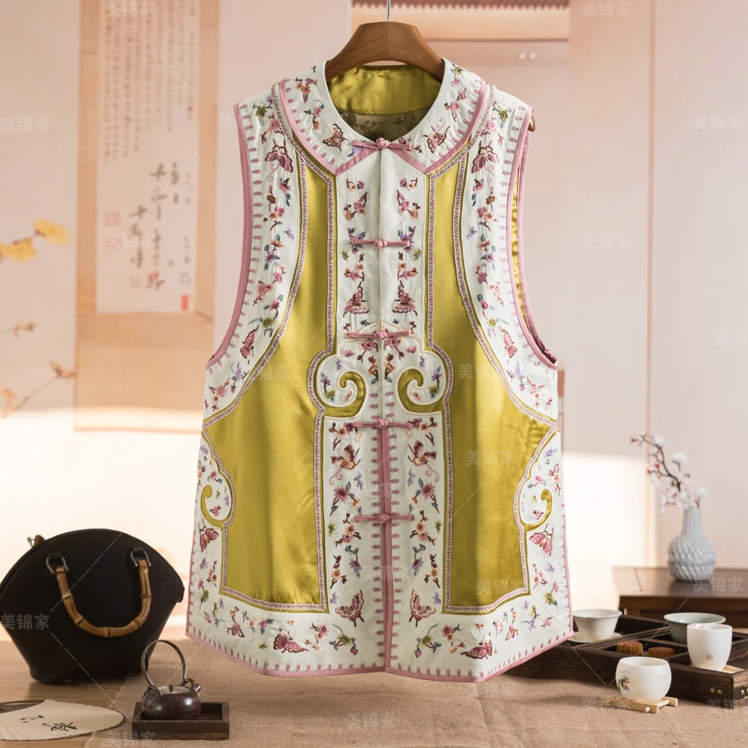 Y【美锦家】新中式国风女圆领中襟刺绣醋酸马甲240570