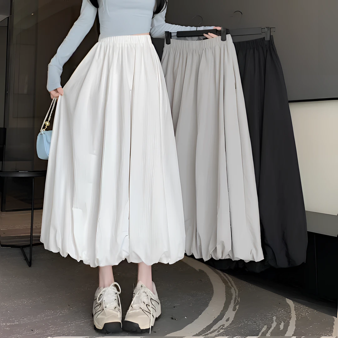 高腰花苞裙白色显瘦休闲宽松a字裙子小个子垂感半身裙中长款纯色