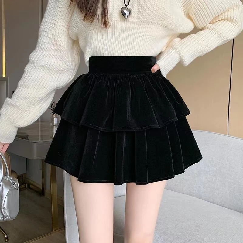 丝绒蛋糕裙a字2025显瘦半身裙小个子黑色百褶裙高腰短裙百搭通勤