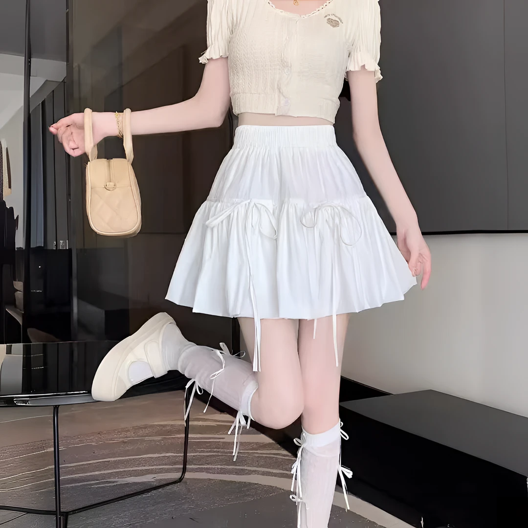 2025春夏新款白色a字半身裙甜美蛋糕荷叶边高腰蓬蓬短裙小个子潮