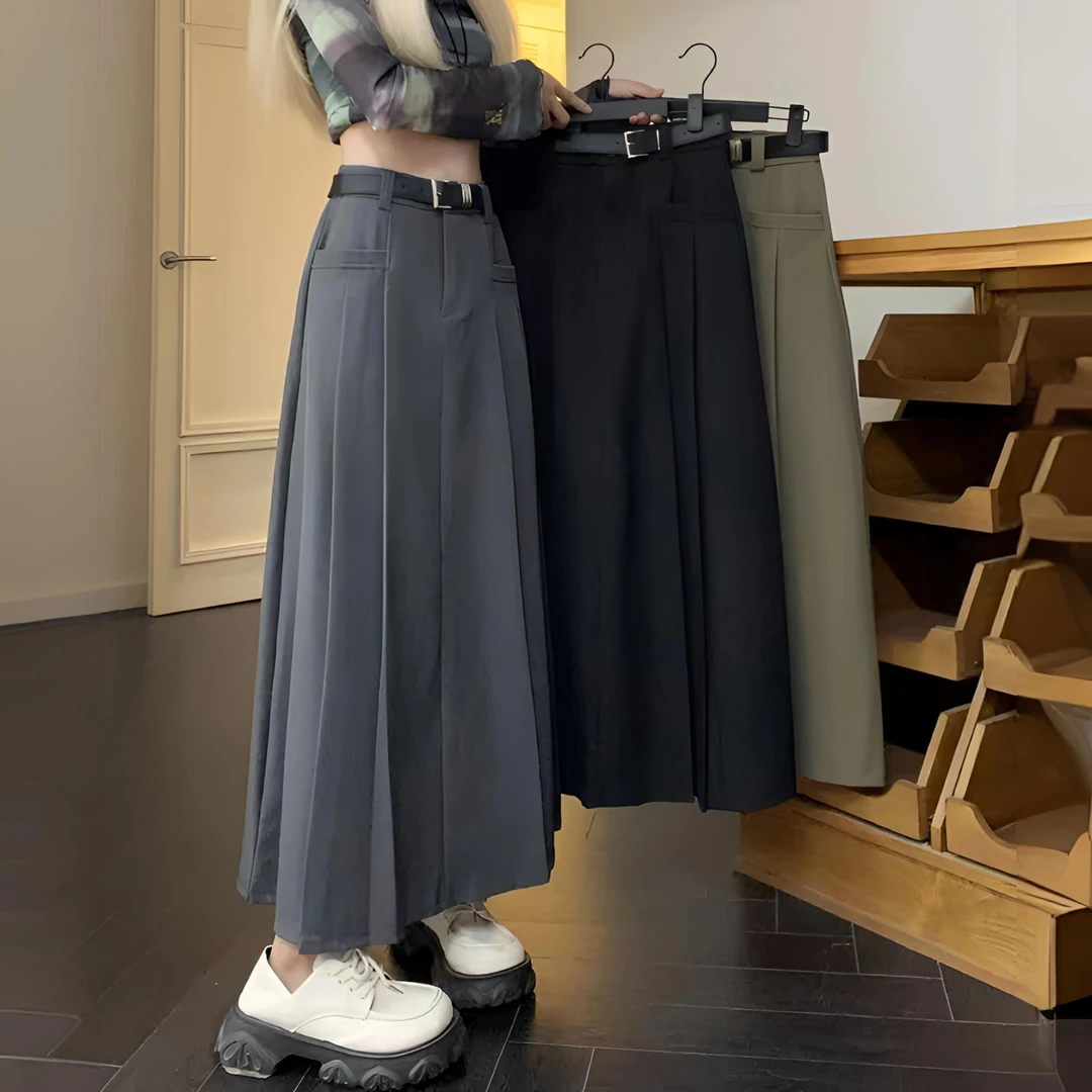 韩系中长款西装裙半身裙女装夏季灰色高腰A字裙伞裙百褶裙长裙子
