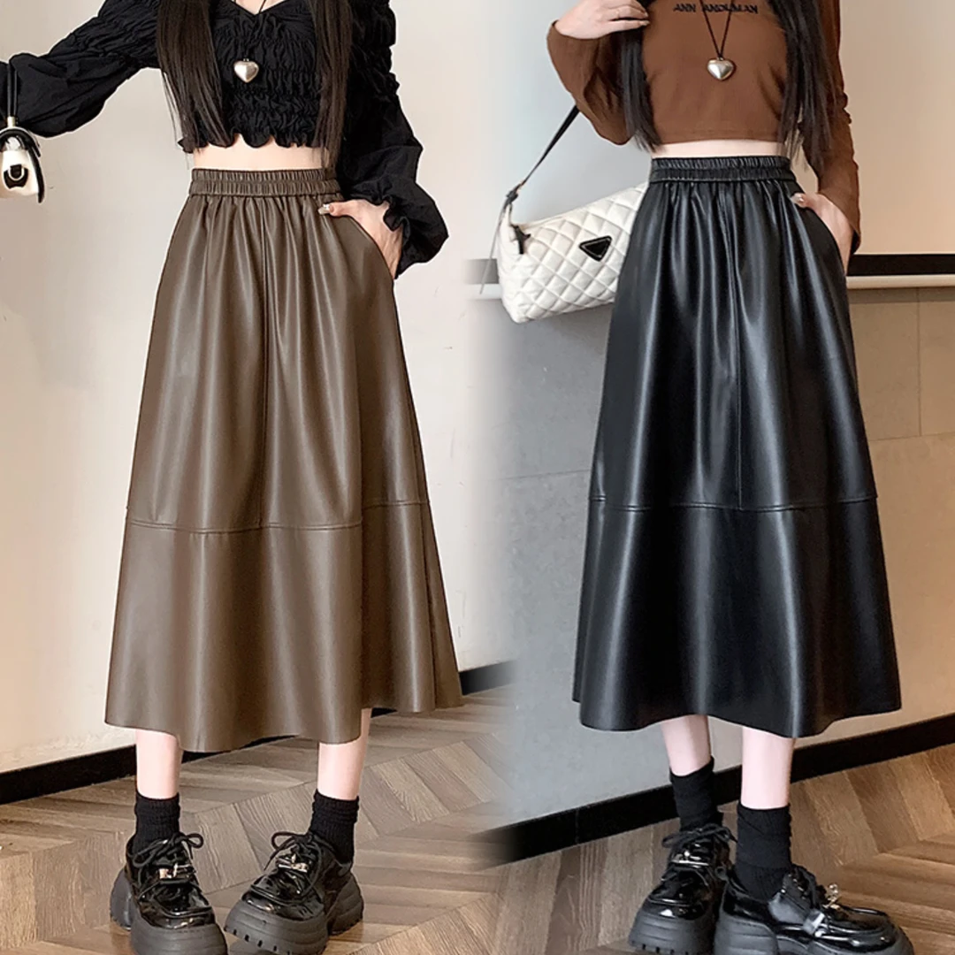 2024秋冬高腰PU皮裙显瘦半身裙松紧腰大摆裙宽松中长款A字裙伞裙